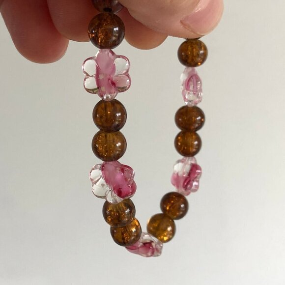 Handmade Glass Bracelets Round Flower Beads Blue Clear Pink Brown, 5.75 to 6.5'' - Picture 4 of 16